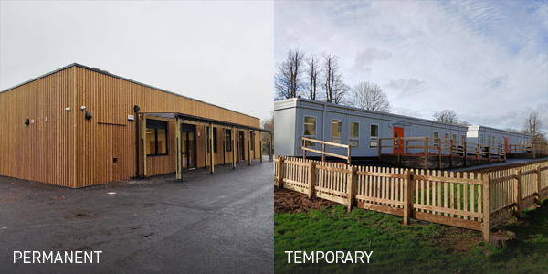 Images showing a comparison between permanent and temporary SEND School Buildings